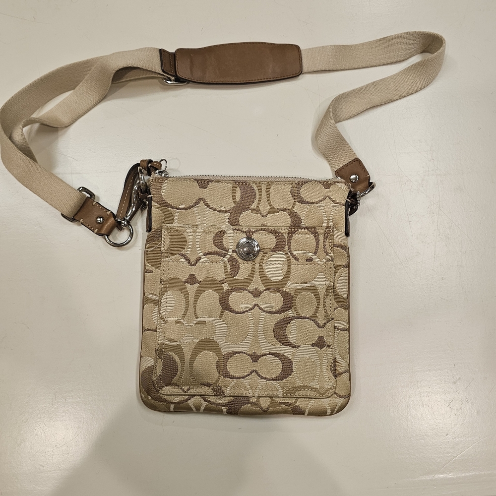 Coach Tan Crossbody Bag‎ with Adjustable Strap and Monogram Pattern